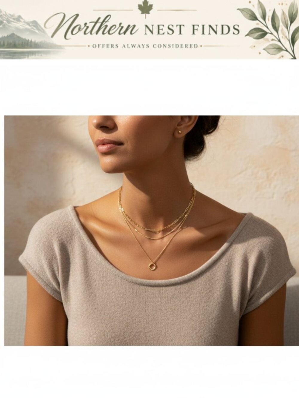 Layered Necklace Set 14k Gold Plated Paperclip Twist Circle Pendant
